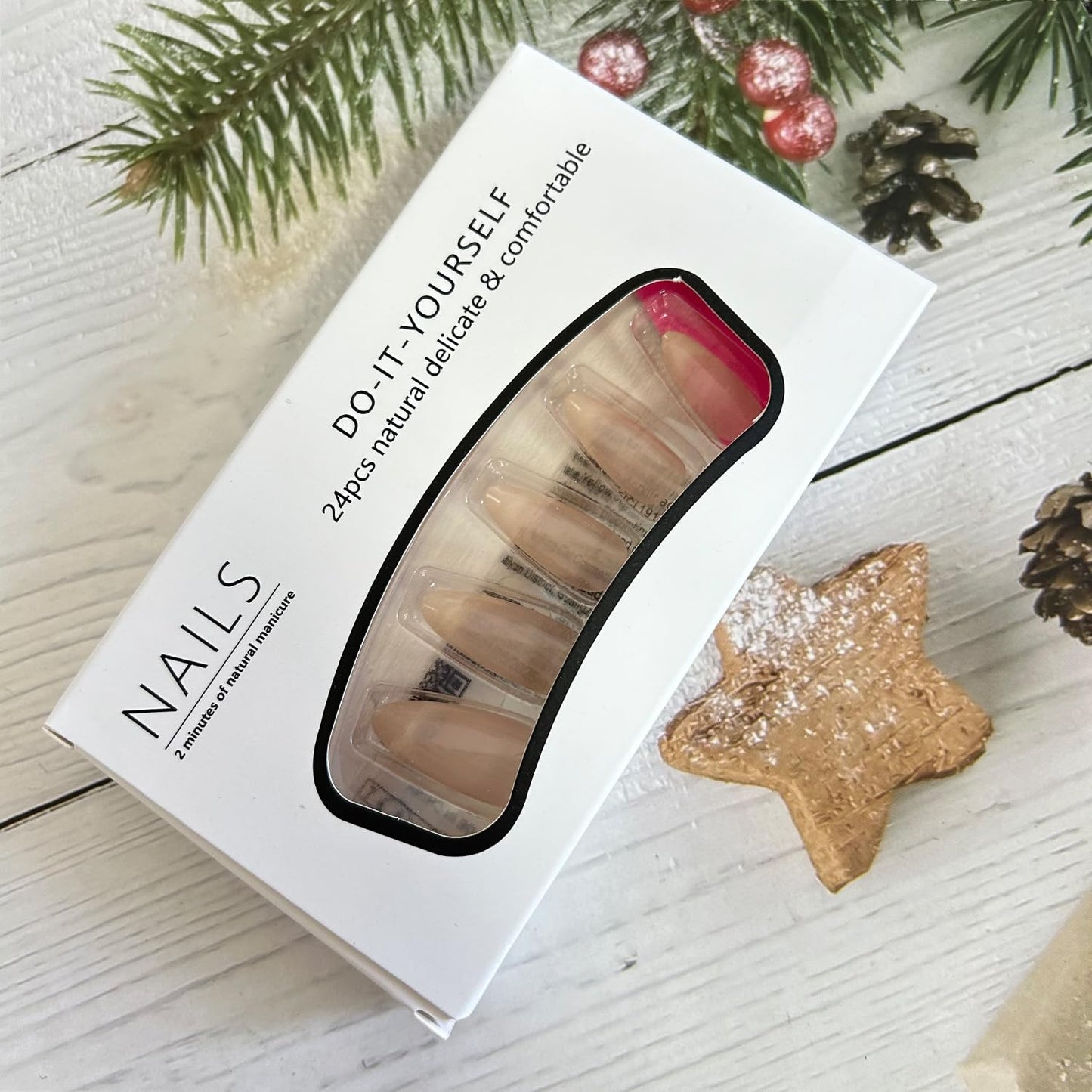 24Pcs Nude Gradient French Tip Press on Nails Medium Length Almond Shaped Artificial Acrylic Fake Nails Full Cover Reusable Glossy Nature French Coffin False Nails Glue on Nails for Women