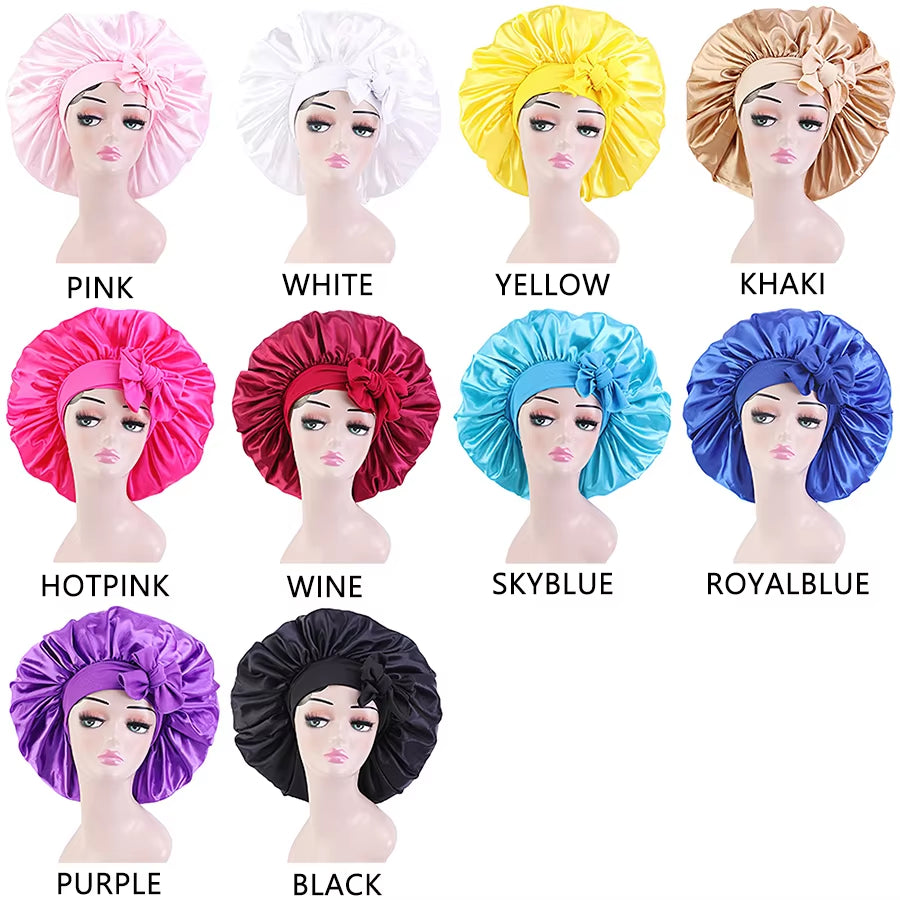 New Large Satin Bonnet Silk Night Sleeping Cap Long Satin Bonnet with Head Tie Band Bonet Edge Wrap for Women Curly Braid Hair