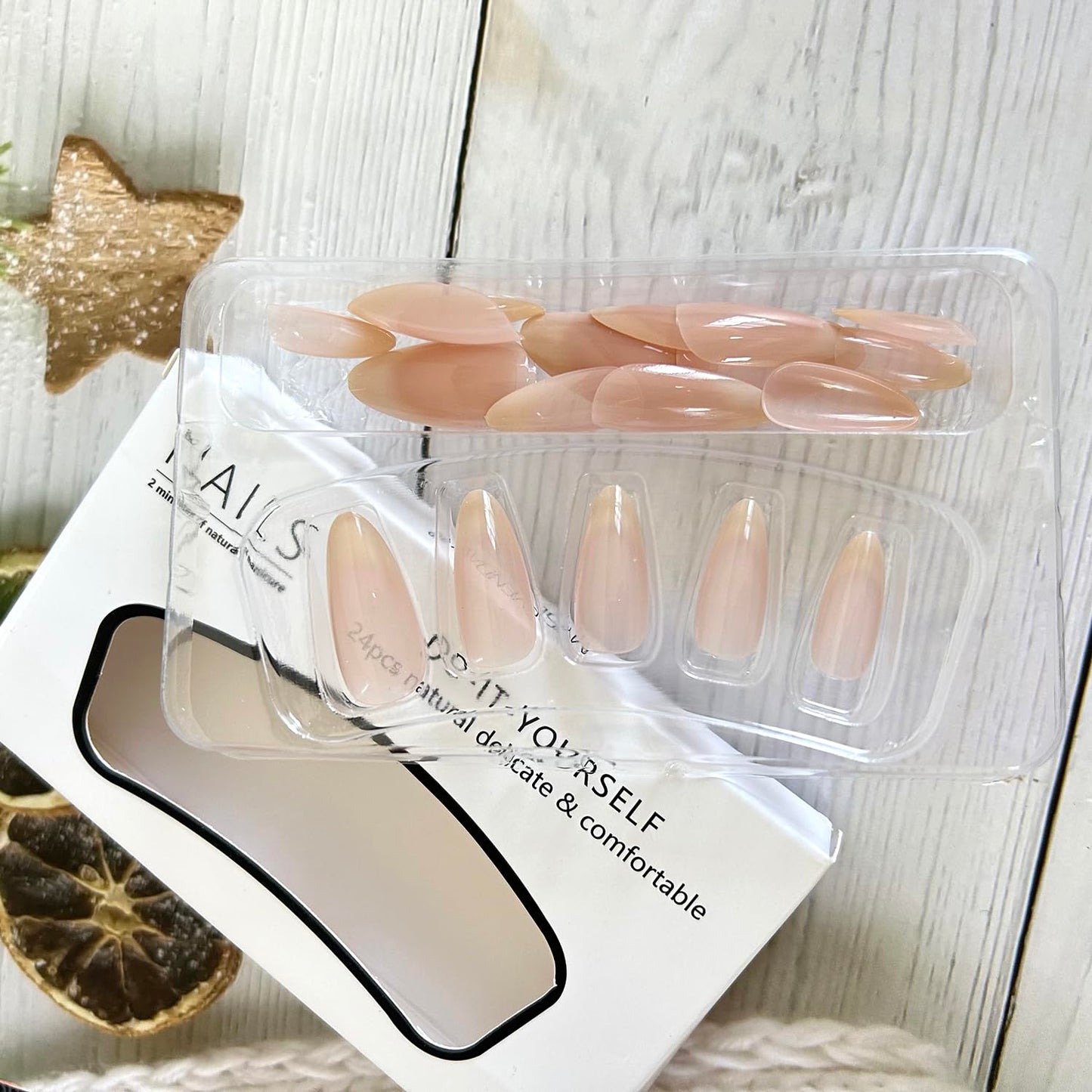 24Pcs Nude Gradient French Tip Press on Nails Medium Length Almond Shaped Artificial Acrylic Fake Nails  Full Cover Reusable Glossy Nature French Coffin False Nails Glue on Nails for Women