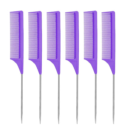 6 Packs Rat Tail Comb Steel Pin Rat Tail Carbon Fiber Heat Resistant Teasing Combs with Stainless Steel Pintail