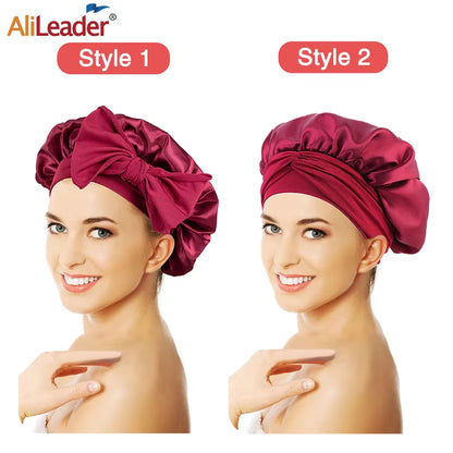 New Large Satin Bonnet Silk Night Sleeping Cap Long Satin Bonnet with Head Tie Band Bonet Edge Wrap for Women Curly Braid Hair