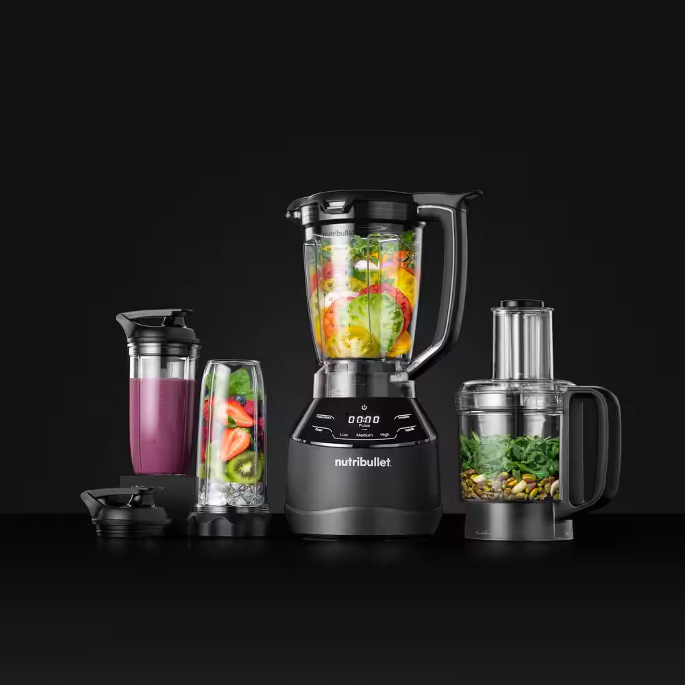 64 Oz Triple Prep System 3 Speed Multifaceted Blender 7 Cup Food Processor Attachment in Gray