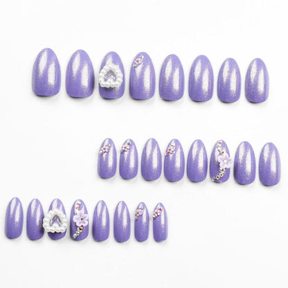 Press on Nails Short Medium Almond Shaped Acrylic Fake Nails with 3D Flower Heart Design Glue on Glossy Full Cover Artificial Gel False Stick on Nail for Girls Women Wedding Manicure 24Pcs