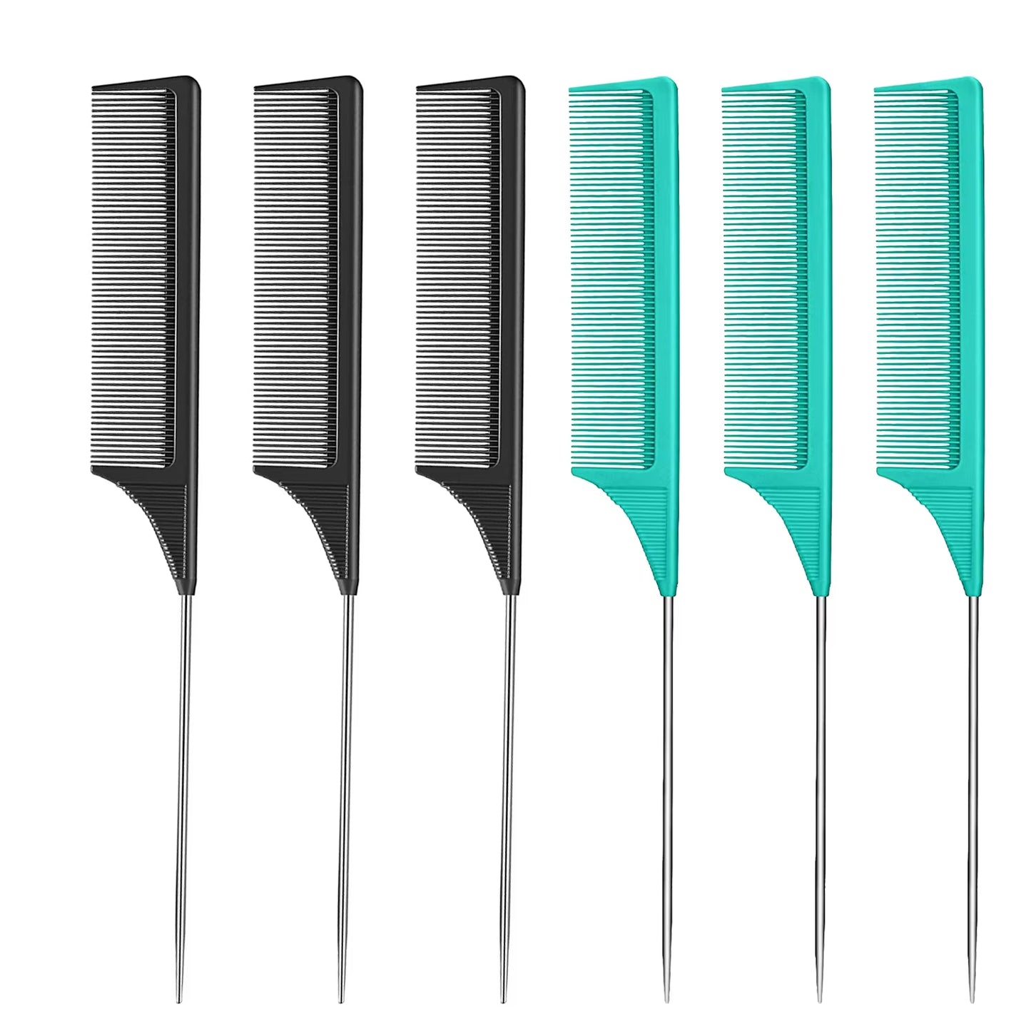 6 Packs Rat Tail Comb Steel Pin Rat Tail Carbon Fiber Heat Resistant Teasing Combs with Stainless Steel Pintail