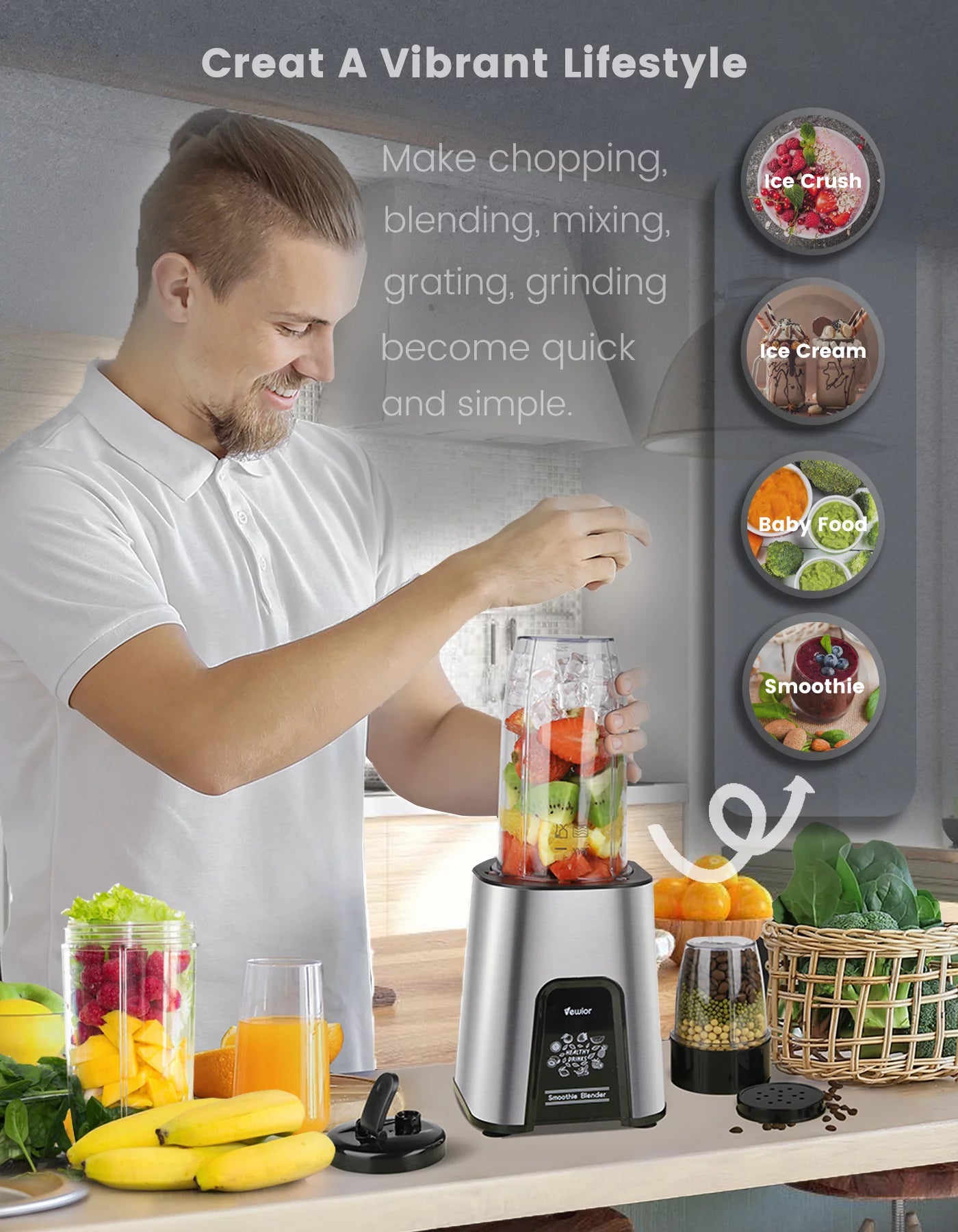 VEWIOR 1000W Smoothie Blender for Shakes and Smoothies, 11 Pieces Personal Blender for Kitchen, 2*23Oz+10Oz Blender Cups with To-Go Lids for Fruit Vegetables, Beans, Nuts, Spices(Shipment from FBA)