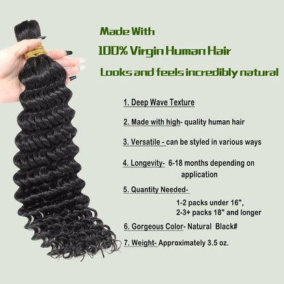 Human Braiding Hair 100G 24 Inch Bulk Deep Wave Human Hair for Braiding Boho Braids Human Hair for Bohemian Knotless Braids Micro Braiding Hair No Weft Human Hair Extensions Natural Black#