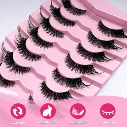 7 Pairs Fake Eyelashes Fluffy False Eyelashes Cat Eye Faux Mink Wispy Lashes Natural Look Lash Extension Eye Lashes 6-21Mm 6D Volume Strips False Lashes with Tweezer for Women Teen Girls