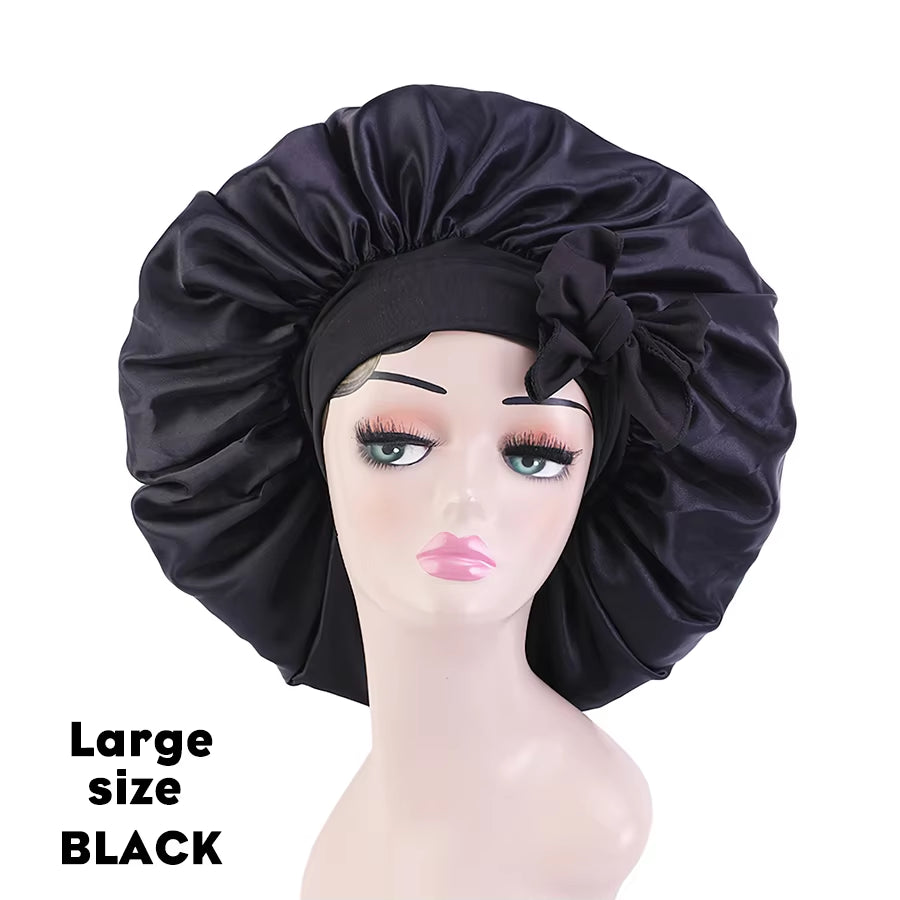 New Large Satin Bonnet Silk Night Sleeping Cap Long Satin Bonnet with Head Tie Band Bonet Edge Wrap for Women Curly Braid Hair