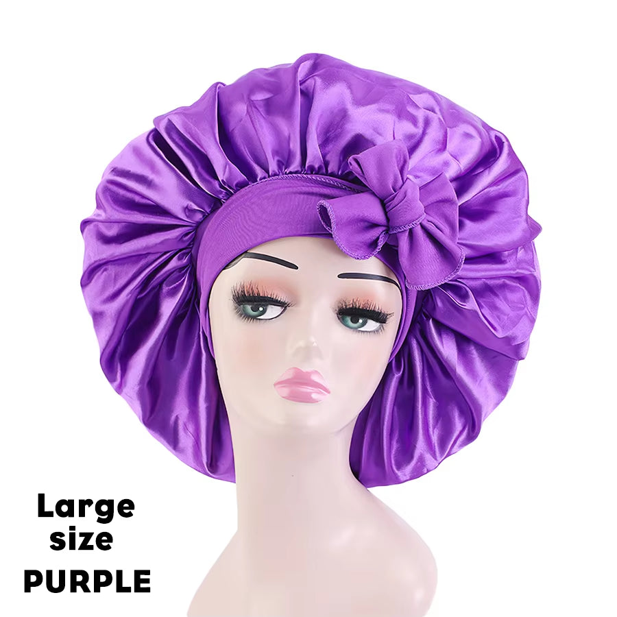 New Large Satin Bonnet Silk Night Sleeping Cap Long Satin Bonnet with Head Tie Band Bonet Edge Wrap for Women Curly Braid Hair