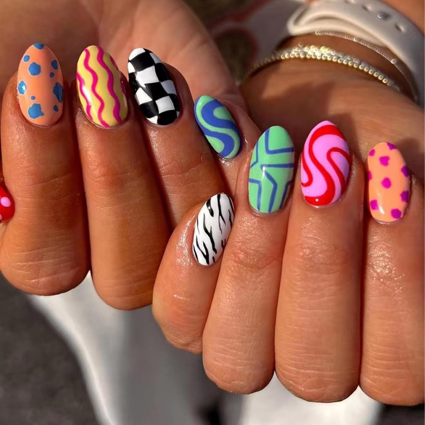 Almond Press on Nails with Designs, Full Cover round Head Shaped False Nails Geometric Irregularity Fake Nails Glossy Short Almond Glue on Nails Colorful Acrylic Stick on Nails for Women Girls