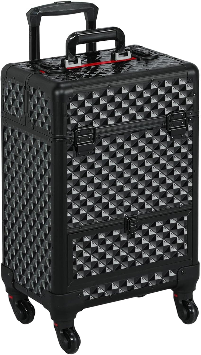 Rolling Makeup Train Case Aluminum Cosmetic Case with Wheels Barber Case Salon Lockable Travel Trolley with Sliding Drawers Removable Divider, Black/Red