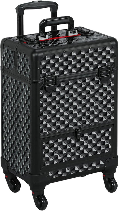 Rolling Makeup Train Case Aluminum Cosmetic Case with Wheels Barber Case Salon Lockable Travel Trolley with Sliding Drawers Removable Divider, Black/Red