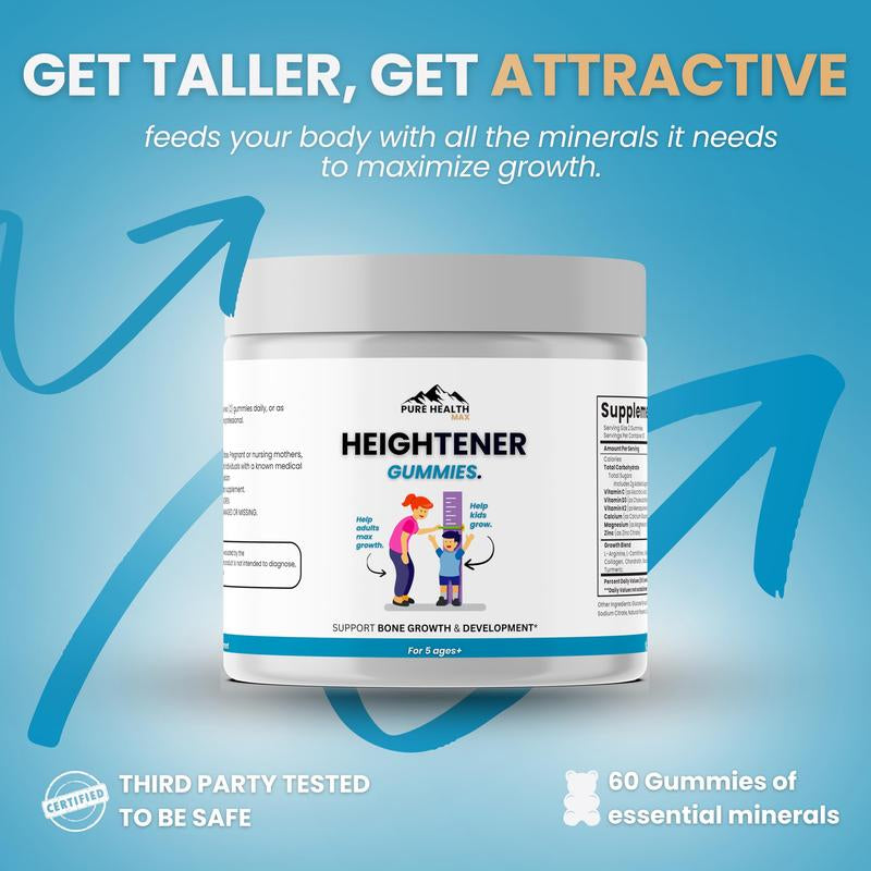 Heightener Gummies - Natural Height Growth Supplement for Kids, Teens and Adults to Increase Bone Strength and Grow Taller | Height Maximizer Pills with L-Arginine, Calcium & Zinc | 60 Gummy