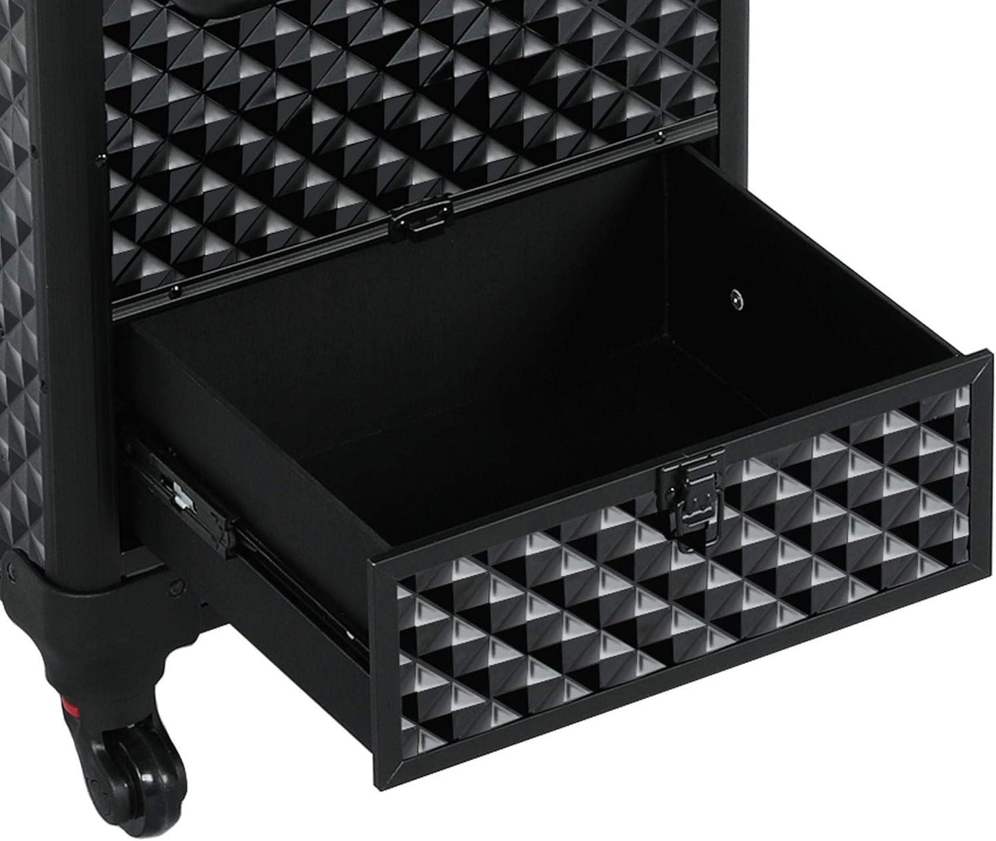 Rolling Makeup Train Case Aluminum Cosmetic Case with Wheels Barber Case Salon Lockable Travel Trolley with Sliding Drawers Removable Divider, Black/Red