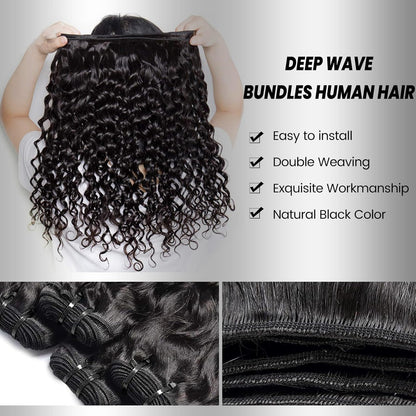 Human Hair Bundles 20 22 24 26 Inch Deep Wave Bundles Human Hair 12A 4 Bundles Human Hair 100% Unprocessed Virgin Deep Curly Human Hair Bundles Deals Real Human Hair Extensions Natural Black