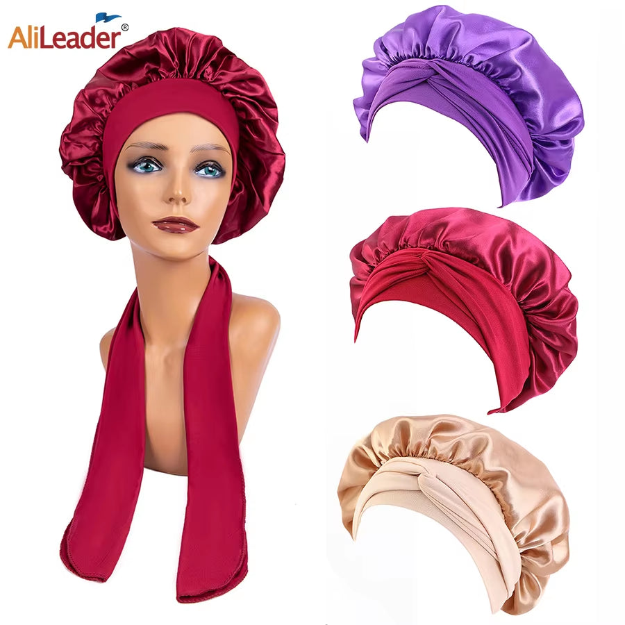 New Large Satin Bonnet Silk Night Sleeping Cap Long Satin Bonnet with Head Tie Band Bonet Edge Wrap for Women Curly Braid Hair