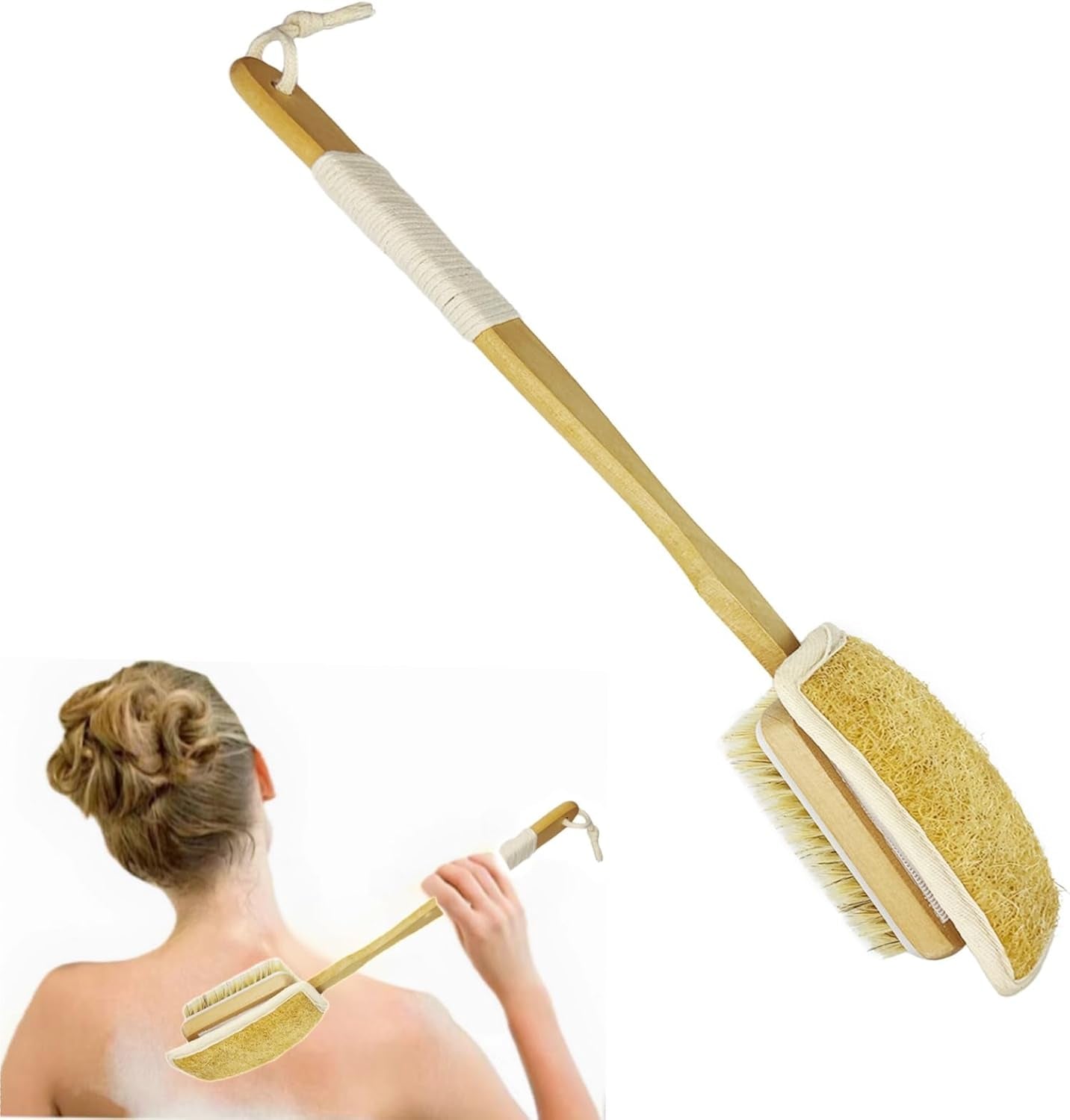 Loofah on a Stick, Back Scrubber for Shower，Long Handle Dual-Sided Body Brush, Exfoliator for Bath or Dry Brush，Deep Cleansing of Skin.