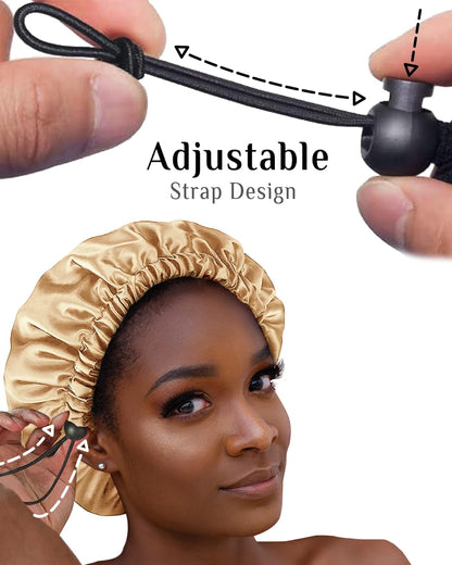 Silk Bonnet, Satin Bonnet Reversible Double Silky Satin Layers Sleep Bonnet, Adjustable Satin Sleep Cap, Two Color in One, Reversible (Gold)