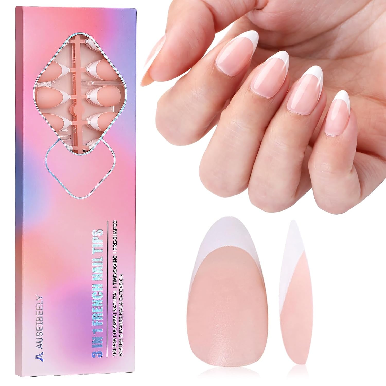 French Gel Nail Tips, 150PCS Short Almond Press on Nails, 3 in 1 X-Coat Soft Gel Nail Tips, Nude French Tip Press on Nails with Pre-Applied Tip Primer & Base Coat, 15 Sizes of Nail Art DIY