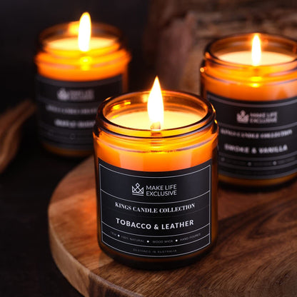 Scented Candles for Men | Tobacco & Leather Scented | Wood Wick, Long Lasting, M
