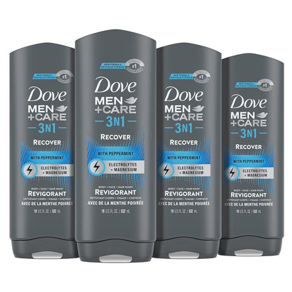 Dove Men+Care Post-Workout 3-IN-1 (Body + Face + Hair Wash) with Peppermint 4 Count Infused with Electrolytes + Magnesium 18 Oz