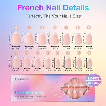 French Gel Nail Tips, 150PCS Short Almond Press on Nails, 3 in 1 X-Coat Soft Gel Nail Tips, Nude French Tip Press on Nails with Pre-Applied Tip Primer & Base Coat, 15 Sizes of Nail Art DIY