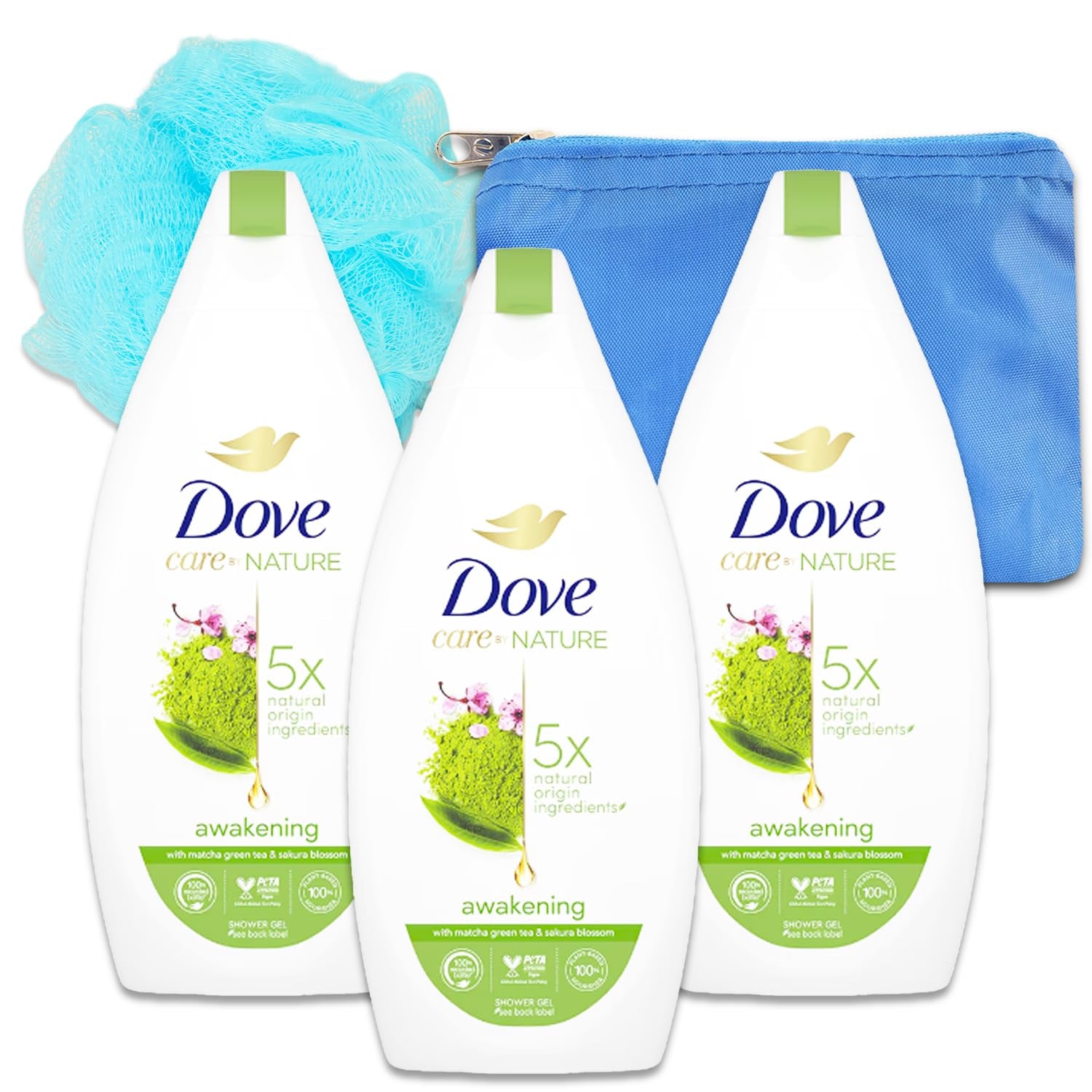 Body Wash Set of 3 - Bundle with 3 Body Wash Soap Bottles Awakening Matcha Green Tea & Sakura Blossom plus Loofah Sponge, More | 13.65 Oz  Body Wash 3 Pack