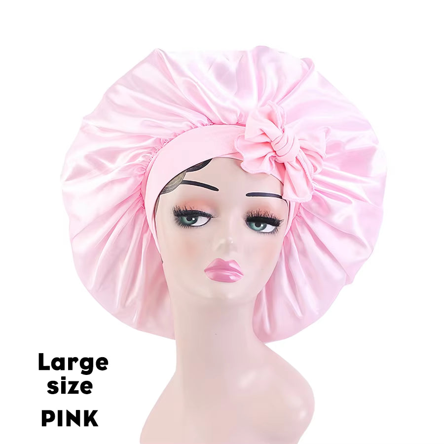 New Large Satin Bonnet Silk Night Sleeping Cap Long Satin Bonnet with Head Tie Band Bonet Edge Wrap for Women Curly Braid Hair