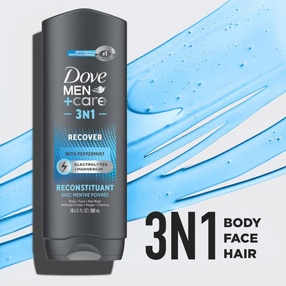 Dove Men+Care Post-Workout 3-IN-1 (Body + Face + Hair Wash) with Peppermint 4 Count Infused with Electrolytes + Magnesium 18 Oz