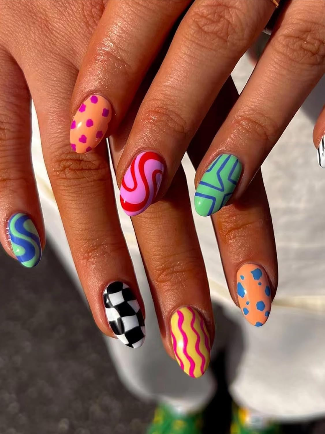 Almond Press on Nails with Designs, Full Cover round Head Shaped False Nails Geometric Irregularity Fake Nails Glossy Short Almond Glue on Nails Colorful Acrylic Stick on Nails for Women Girls