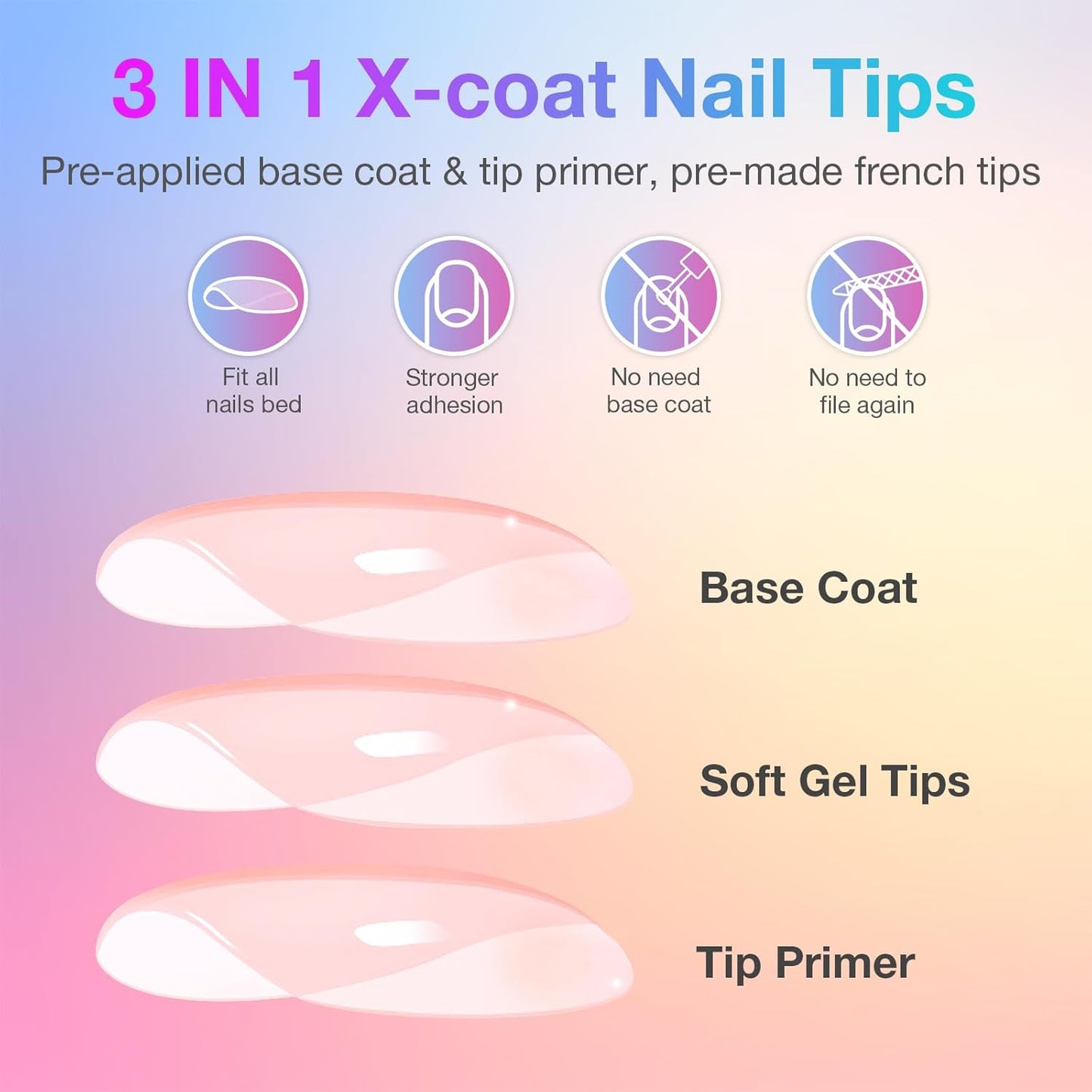 French Gel Nail Tips, 150PCS Short Almond Press on Nails, 3 in 1 X-Coat Soft Gel Nail Tips, Nude French Tip Press on Nails with Pre-Applied Tip Primer & Base Coat, 15 Sizes of Nail Art DIY