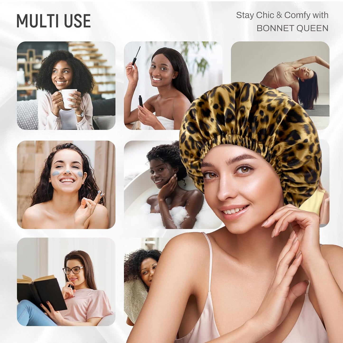 Silk Bonnet for Sleeping Women Satin Bonnet Hair Bonnet for Curly Hair Night Sleep Cap (Leopard)