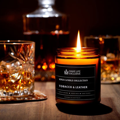 Scented Candles for Men | Tobacco & Leather Scented | Wood Wick, Long Lasting, M