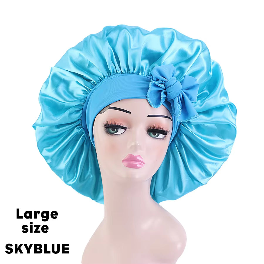 New Large Satin Bonnet Silk Night Sleeping Cap Long Satin Bonnet with Head Tie Band Bonet Edge Wrap for Women Curly Braid Hair