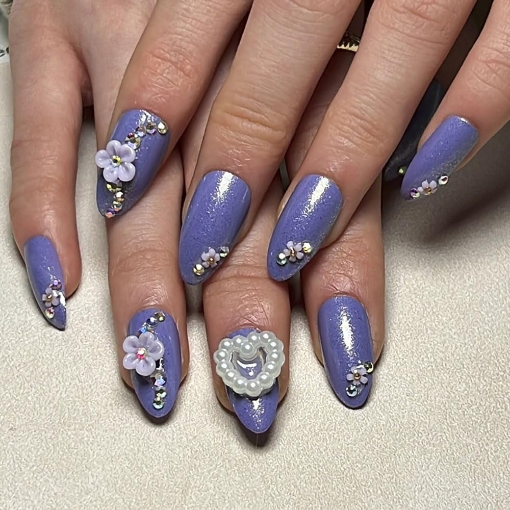 Press on Nails Short Medium Almond Shaped Acrylic Fake Nails with 3D Flower Heart Design Glue on Glossy Full Cover Artificial Gel False Stick on Nail for Girls Women Wedding Manicure 24Pcs