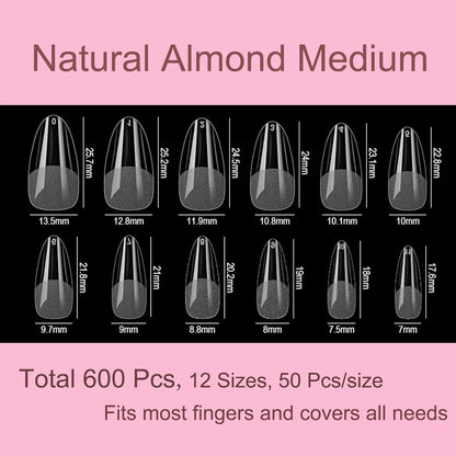 Nail Tips Almond Shape 600Pcs with 12 Sizes Almond Nail Tips Gel X Nail Tips Acrylic Full Cover Nail Tips Art DIY Salon