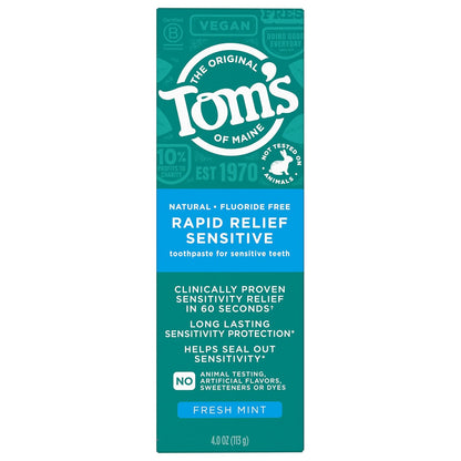 Fluoride-Free Rapid Relief Sensitive Toothpaste, Fresh Mint, 4 Oz. 3-Pack (Packaging May Vary)