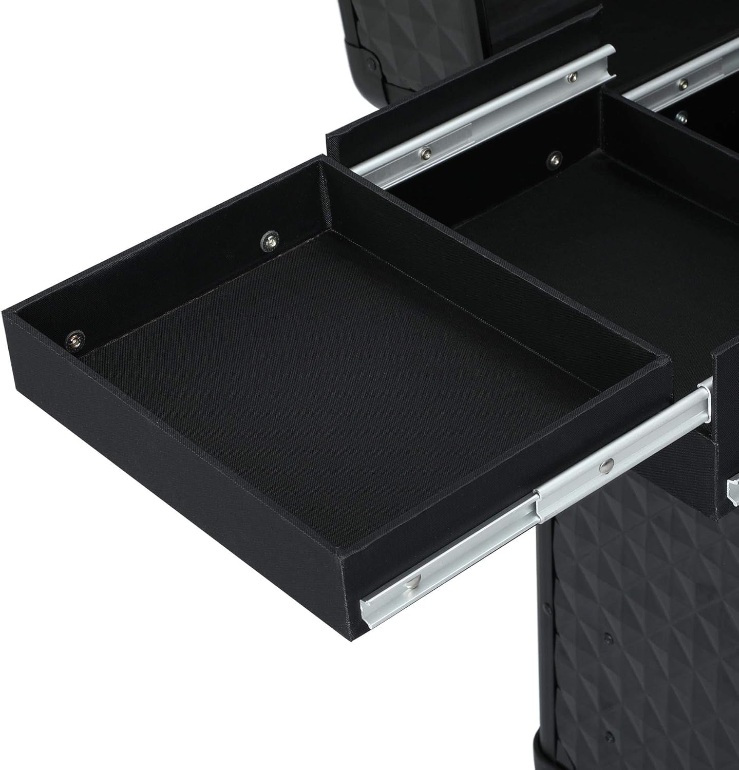 Rolling Makeup Train Case Aluminum Cosmetic Case with Wheels Barber Case Salon Lockable Travel Trolley with Sliding Drawers Removable Divider, Black/Red