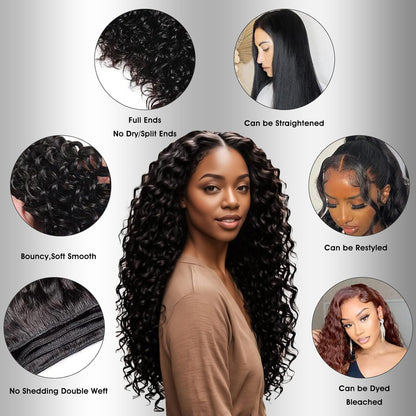 Human Hair Bundles 20 22 24 26 Inch Deep Wave Bundles Human Hair 12A 4 Bundles Human Hair 100% Unprocessed Virgin Deep Curly Human Hair Bundles Deals Real Human Hair Extensions Natural Black