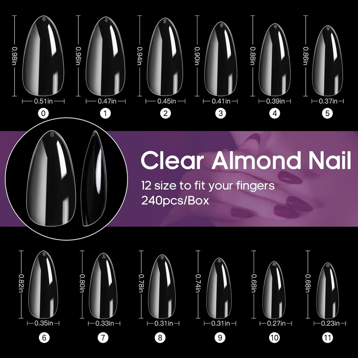 Clear Soft Gel Almond Nail Tips - 240 Pcs, 12 Sizes, Full Cover, Press On, DIY Nail Salon