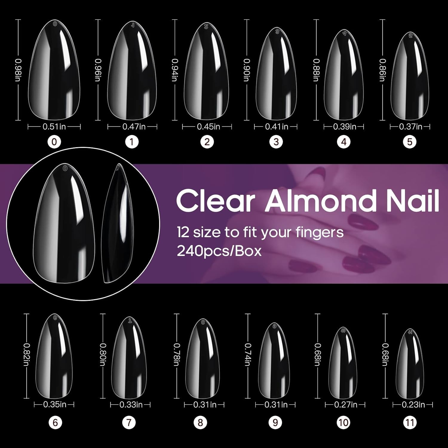 Clear Soft Gel Almond Nail Tips - 240 Pcs, 12 Sizes, Full Cover, Press On, DIY Nail Salon