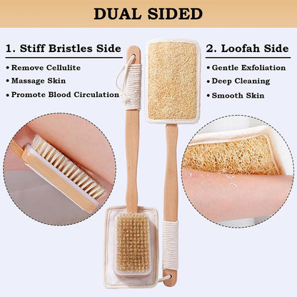 Loofah on a Stick, Back Scrubber for Shower，Long Handle Dual-Sided Body Brush, Exfoliator for Bath or Dry Brush，Deep Cleansing of Skin.