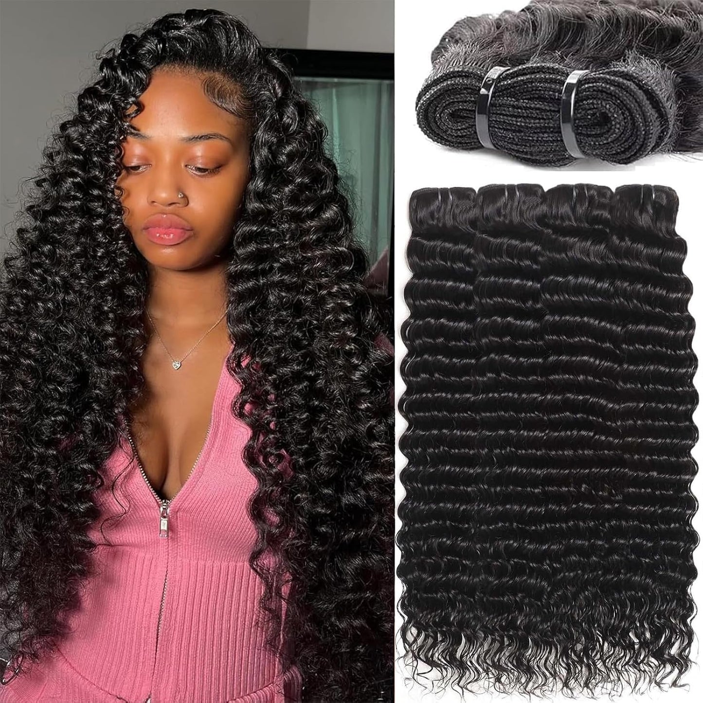 Human Hair Bundles 20 22 24 26 Inch Deep Wave Bundles Human Hair 12A 4 Bundles Human Hair 100% Unprocessed Virgin Deep Curly Human Hair Bundles Deals Real Human Hair Extensions Natural Black