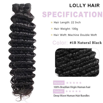 Deep Wave Bundles Human Hair 22 Inch 1 Bundle Water Wave Bundles 100% Unprocessed 12A Brazilian Virgin Human Hair Wet and Wavy Bundles Double Weft Deep Weave Curly Bundles Human Hair