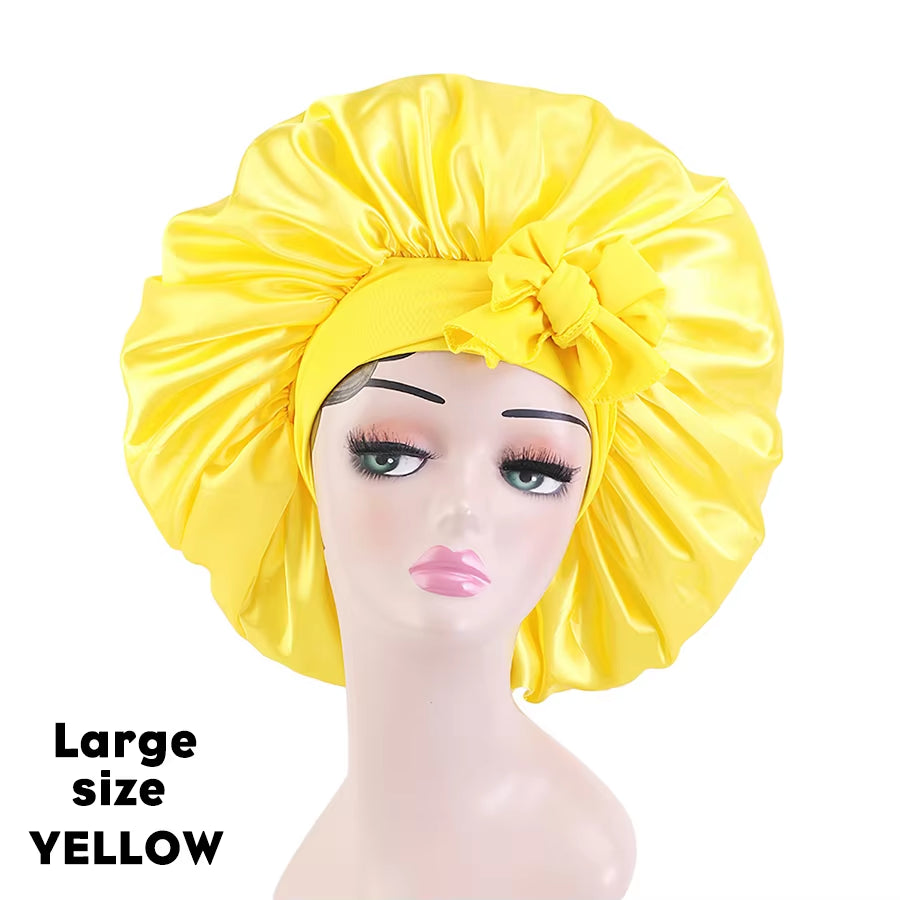 New Large Satin Bonnet Silk Night Sleeping Cap Long Satin Bonnet with Head Tie Band Bonet Edge Wrap for Women Curly Braid Hair