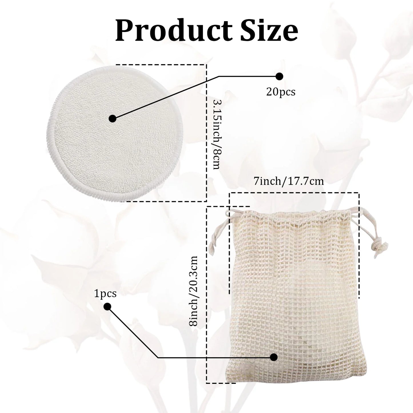 Reusable Makeup Remover Pads Cotton Pads with Washable Bag Bamboo Face Pads White,20 Pack