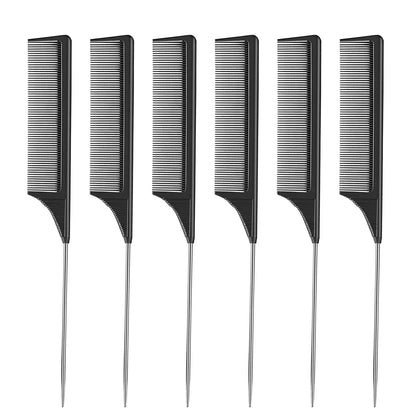 6 Packs Rat Tail Comb Steel Pin Rat Tail Carbon Fiber Heat Resistant Teasing Combs with Stainless Steel Pintail