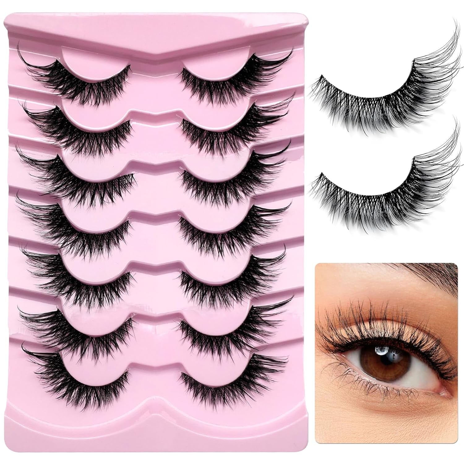 7 Pairs Fake Eyelashes Fluffy False Eyelashes Cat Eye Faux Mink Wispy Lashes Natural Look Lash Extension Eye Lashes 6-21Mm 6D Volume Strips False Lashes with Tweezer for Women Teen Girls