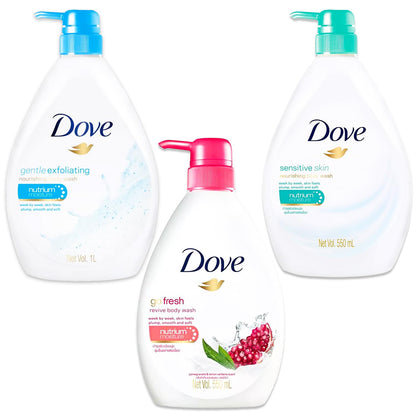 Dove Body Wash Variety Pack Set of 3 - Bundle with 3 Dove Body Wash Soap Bottles Including Sensitive Skin, Deeply Nourishing, and Revive plus Loofah Sponge, More.