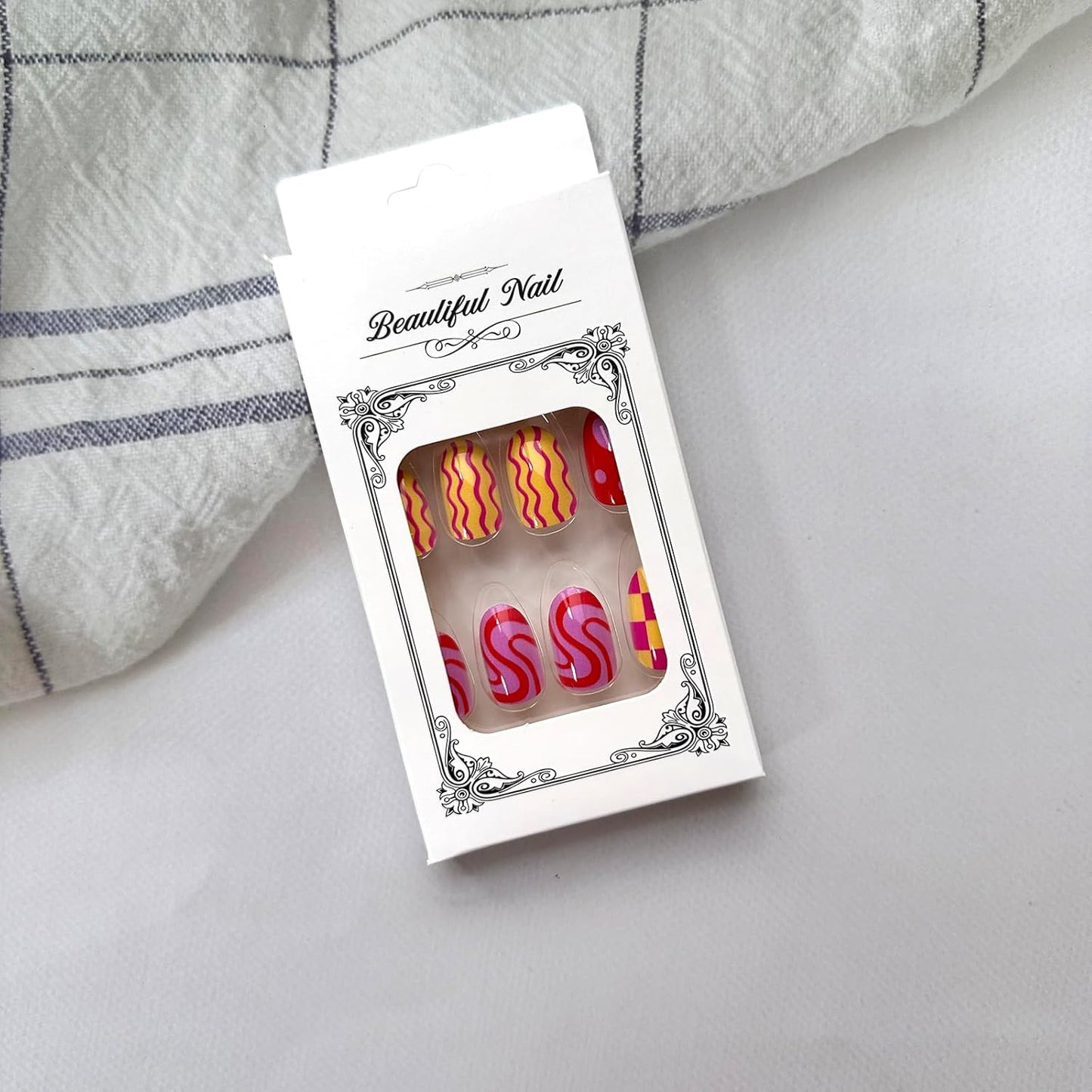 Almond Press on Nails with Designs, Full Cover round Head Shaped False Nails Geometric Irregularity Fake Nails Glossy Short Almond Glue on Nails Colorful Acrylic Stick on Nails for Women Girls